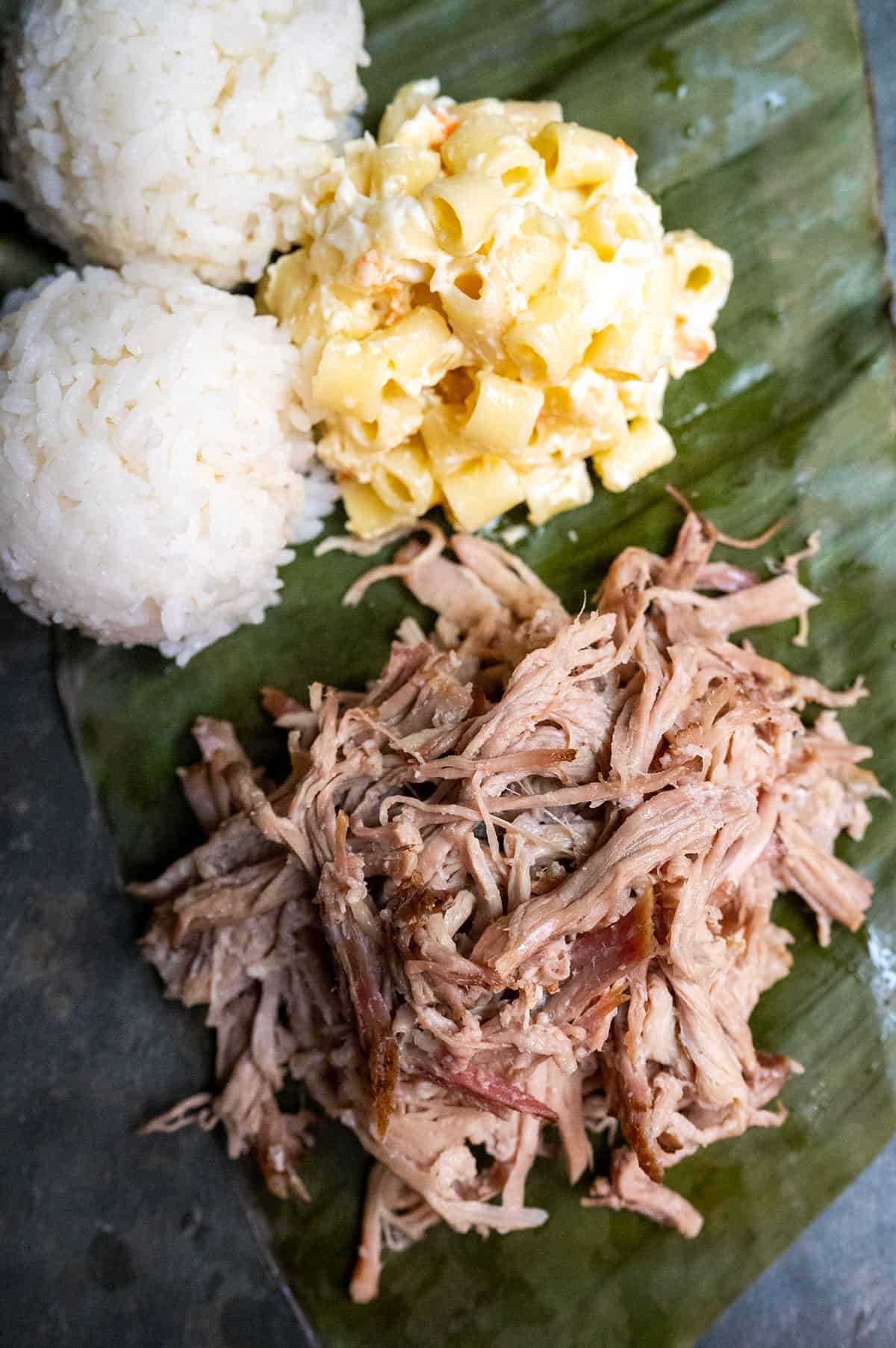 Smoked kalua pork plate lunch with mac salad and rice.