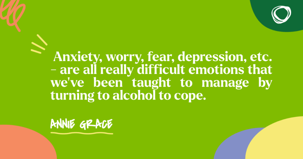 Annie Grace quote image—lime-green backdrop with TNM-style shapes—reads: “Anxiety, worry, fear, depression, etc - all all really difficult emotions that we’ve been taught to manage by turning to alcohol to cope,” encouraging limiting wine drinking.