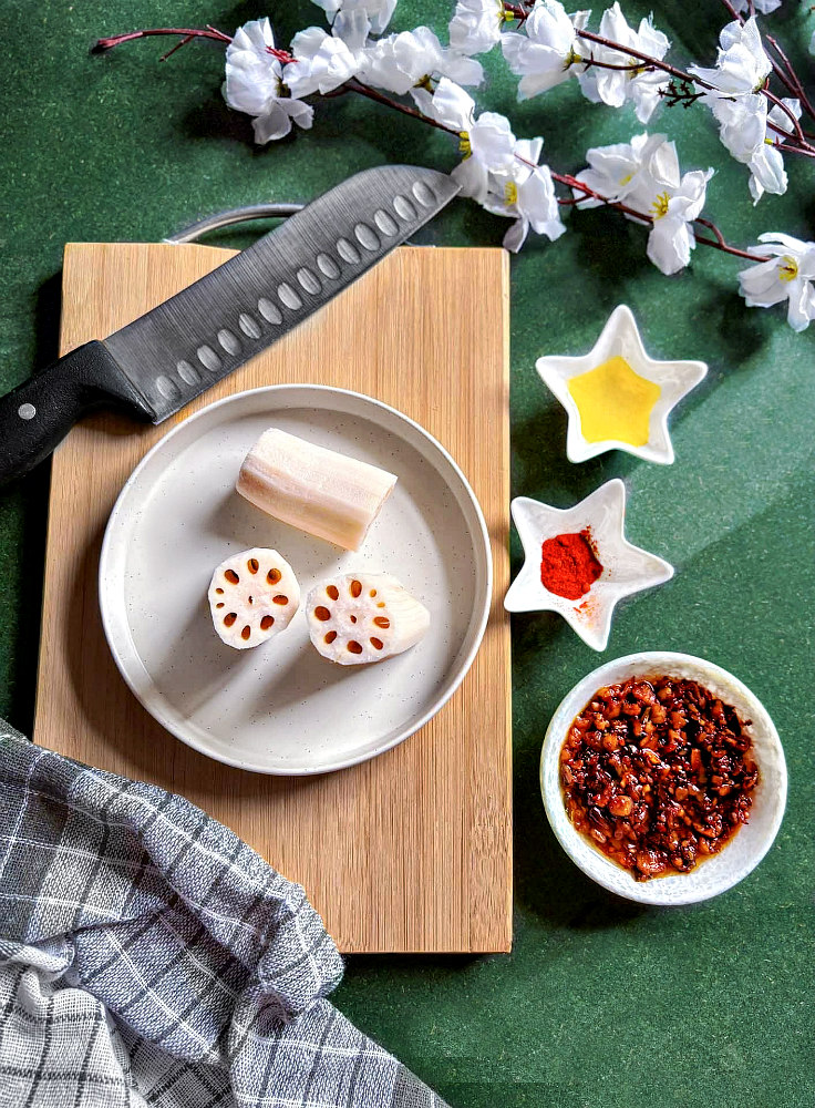 lotus stem chips ingredients on a wooden board