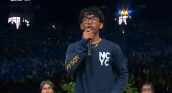 Micah Alcisto from Honolulu asks a question of Pope Leo XIV on Nov. 21, 2025, at NCYC in Indianapolis. Credit: EWTN YouTube/Screenshot