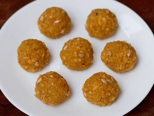 motichoor ladoo on a white plate.