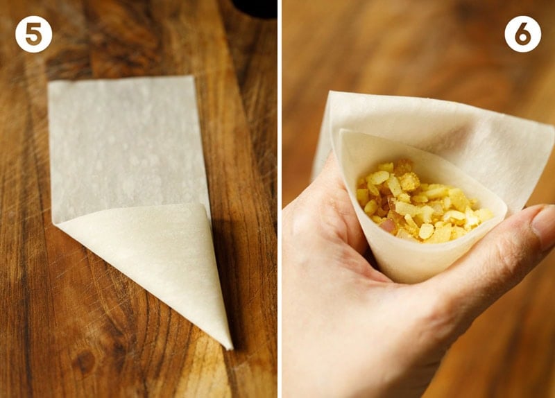 Folding pastry sheet or samosa patti for onion and poha filling.