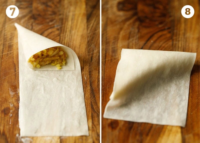 Folding samosa patti with onion filling.