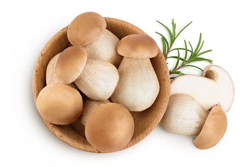 Porcini mushroom in a brown bowl.
