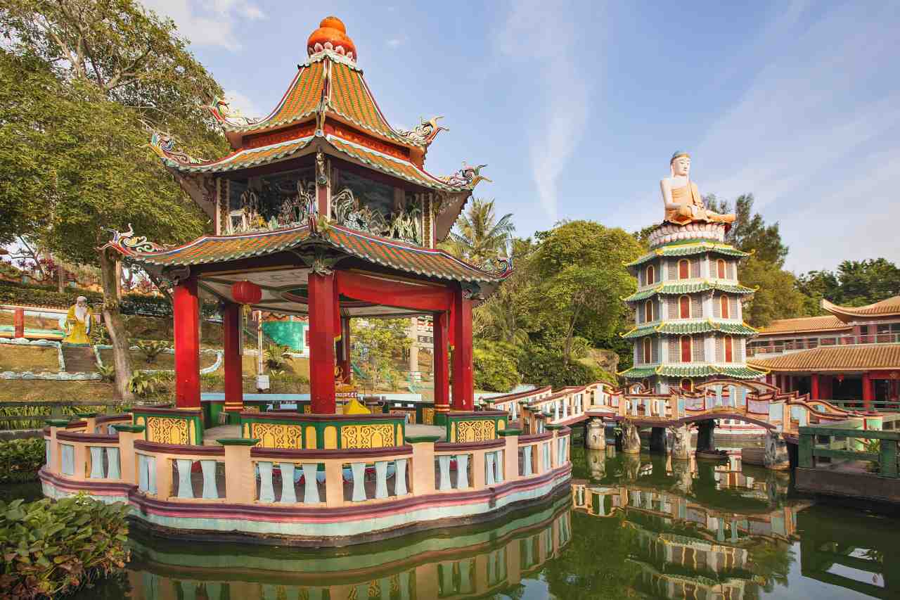 Chinese pagoda and pavilion by the Lake at Haw Par Villa, Singapore