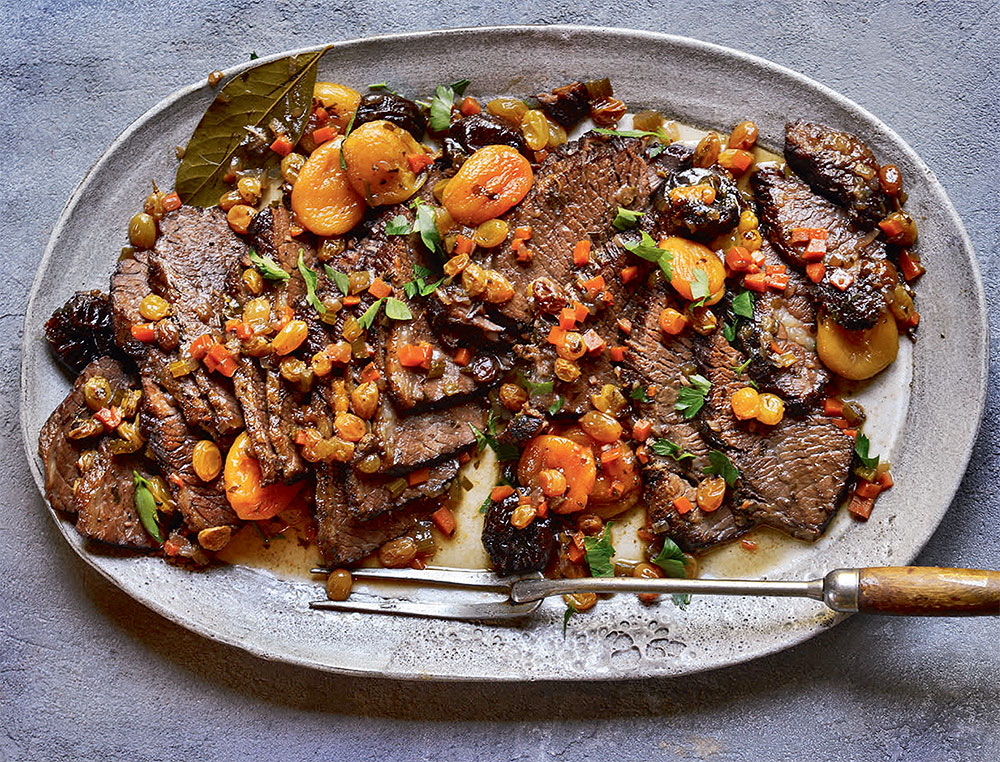 Smoke-Braised Holiday Brisket with Sweet Wine and Dried Fruits
