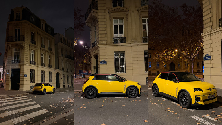 Collage of a yellow Renault 5 parked on the street