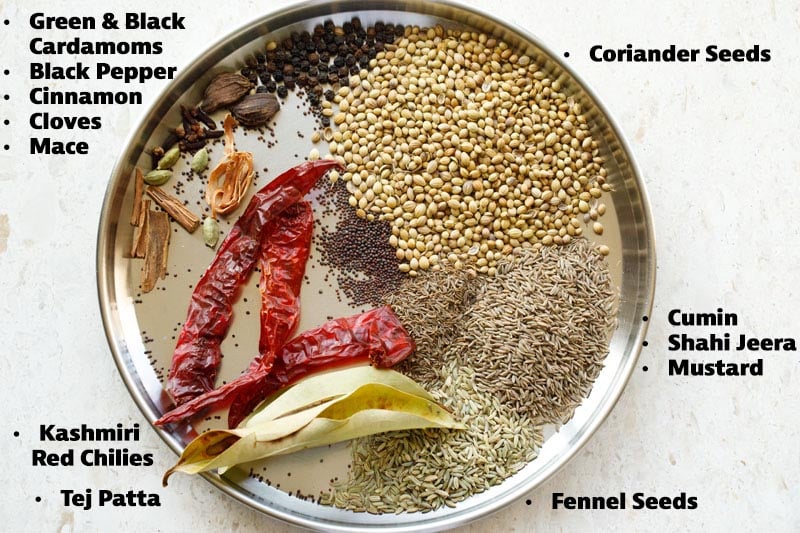 Assorted whole spices in a steel plate for sabji masala with text layovers.