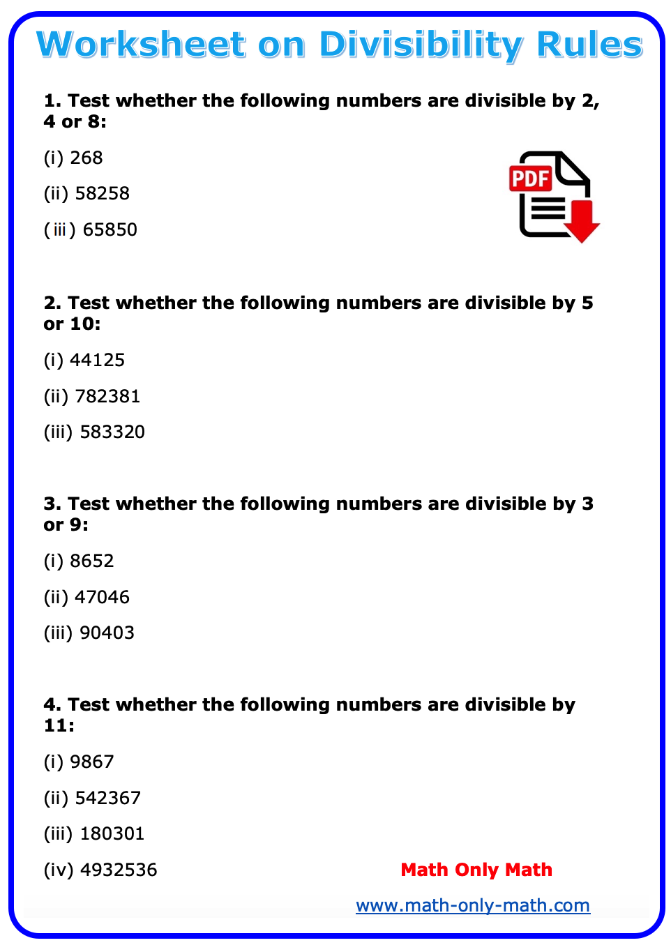 Worksheet on Divisibility Rules PDF
