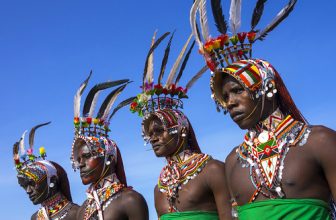 Portrait Of Rendille Warriors Wearing Traditional Headwears, Turkana Lake, Loiyangalani, Kenya