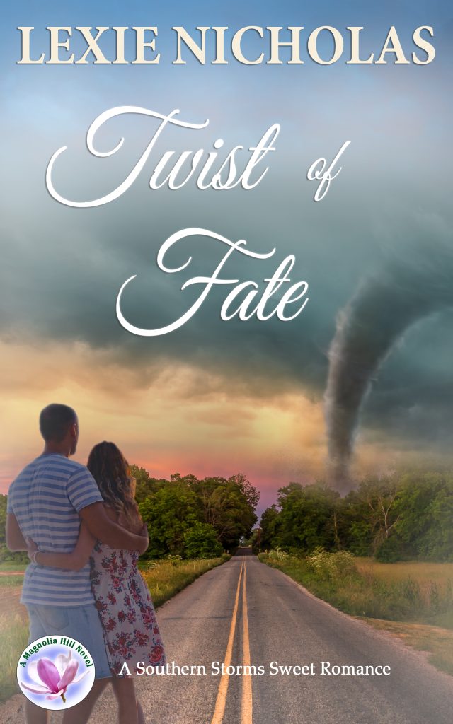 Twist of Fate by Lexie Nicholas. A couple stands on a road, watching a tornado in the distance. 
