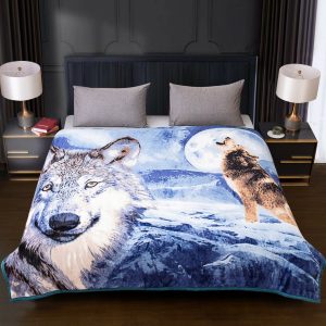 3D Design Blue Wolf Faux Fur Fleece Sofa Bed Warm Throw Mink Double King