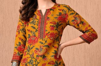 Indian Women Mustard Yellow Cotton Floral Printed Top Tunic Kurta Kurti Dress