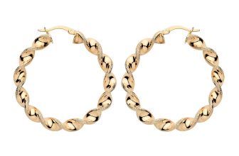 9ct Yellow Gold on Silver Chunky Glitter Twisted Hoop Ladies Earrings 40mm