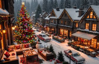 Snowfall in Cozy Christmas Coffee Shop Ambience 🎅 Calm Jazz Music & Fire Pit Sounds to Warm Holiday