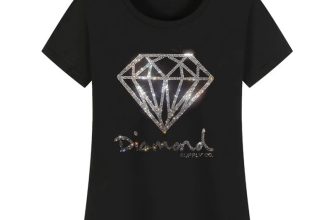New Women Cotton Hot Drilling Rhinestones Fashion Black T-Shirt Short Sleeve