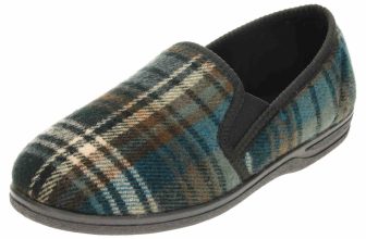 Mens Slippers Navy House Shoe Twin Gusset Check Multi Slip On Full Moccasin Pump