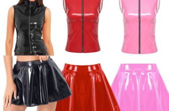 UK Womens Wet Look Top Vest Jackets Pleated Flared A Line Mini Skirt Clubwear