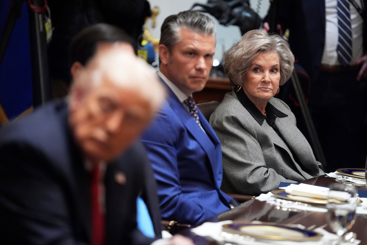 White House Chief of Staff Susie Wiles, from right, and Defense Secretary Pete Hegseth listen as President Donald Trump meets with Australian Prime Minister Anthony Albanese, not pictured, in the Cabinet Room of the White House, Monday, October 20, 2