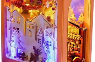 DIY Christmas Book Nook Kit with LED Light and Furniture,DIY Wooden Dollhouse K