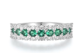 Ladies Wedding Solid Sterling 925 Silver Emerald & White Sapphire Eternity Ring