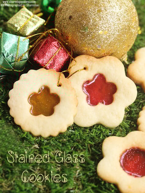 stained glass cookies with christmas ornaments