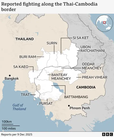 A map showing Thailand and Cambodia as well as all the border areas fighting has broken out. These include Ubon Ratchathani, Buriram, Surin, Si Sa Ket,
Sa Kaeo and Trat provinces in Thailand and Banteay Meanchey, Battambang,
Pursat, Oddar Meanchey and Preah Vihear in Cambodia