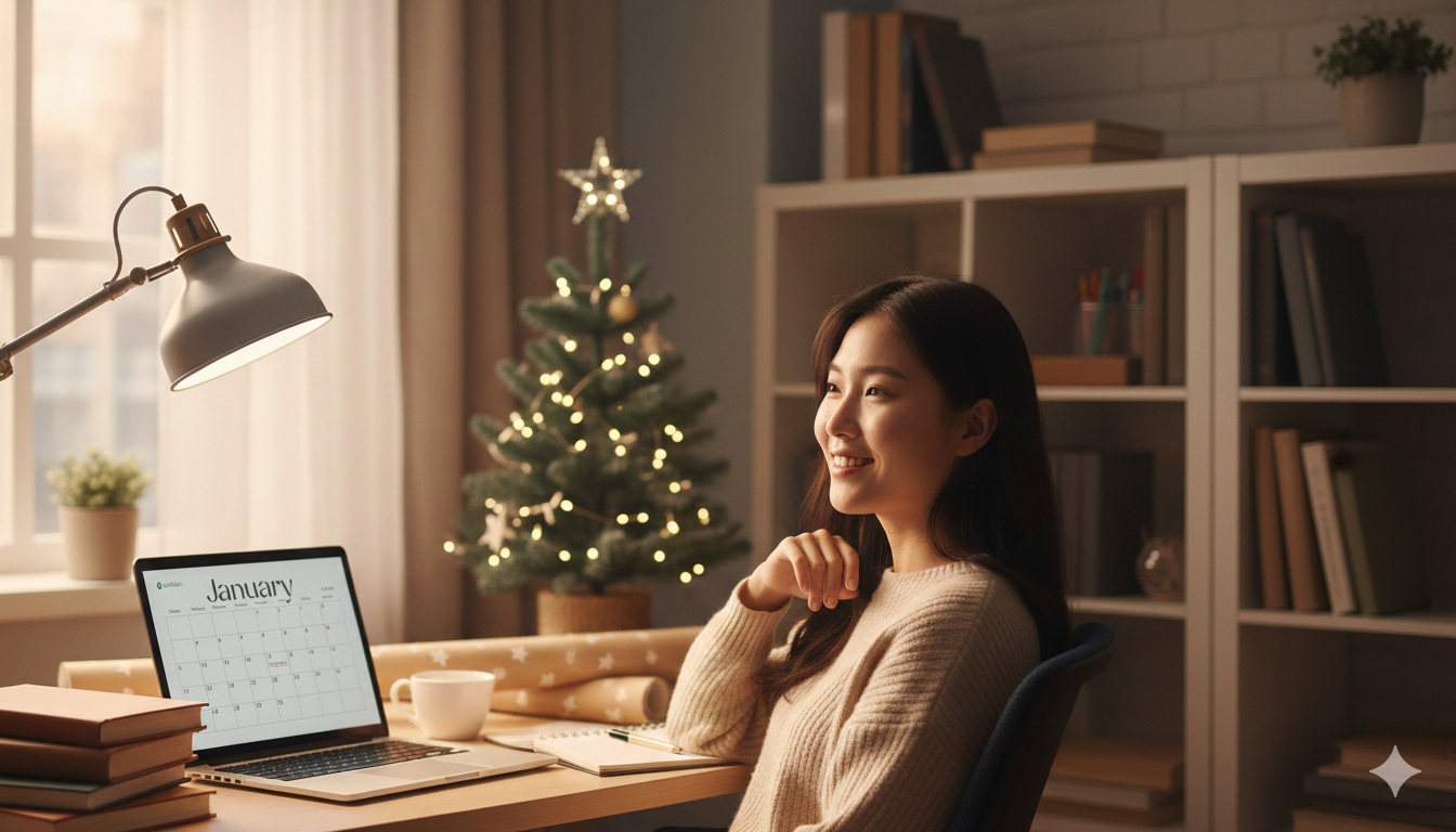 happy college student at desk