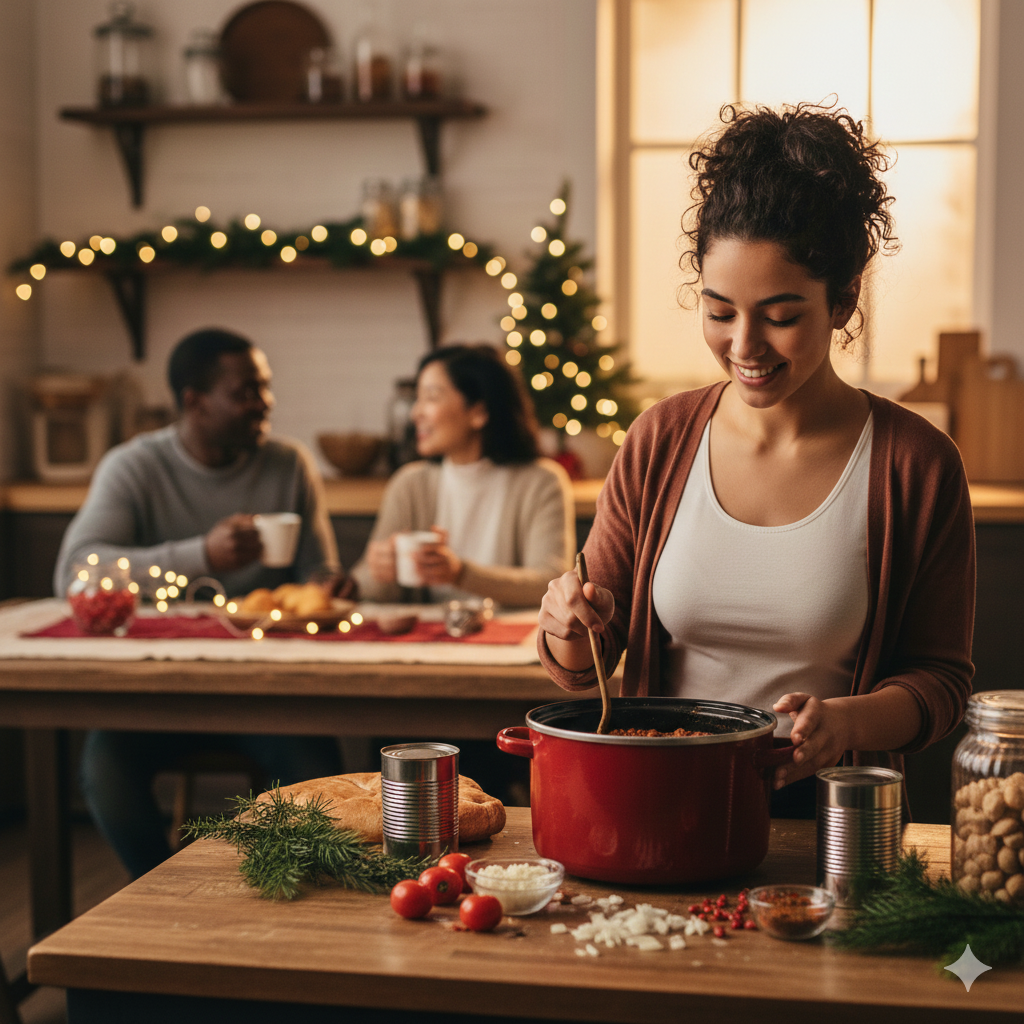 Student making chili as a low-cost gift to bring to a potluck