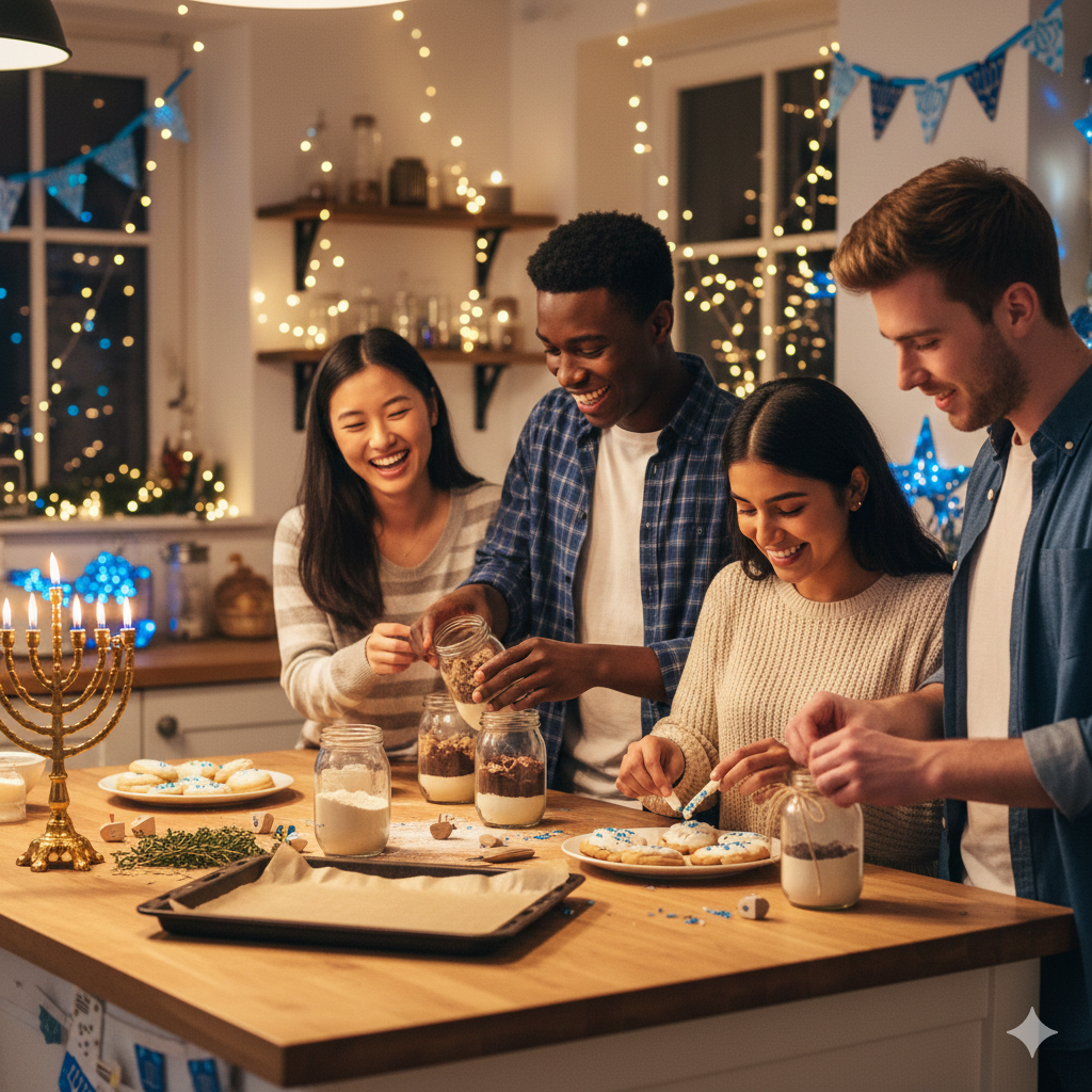 Friends making low-cost culinary gifts for the holidays on a student budget