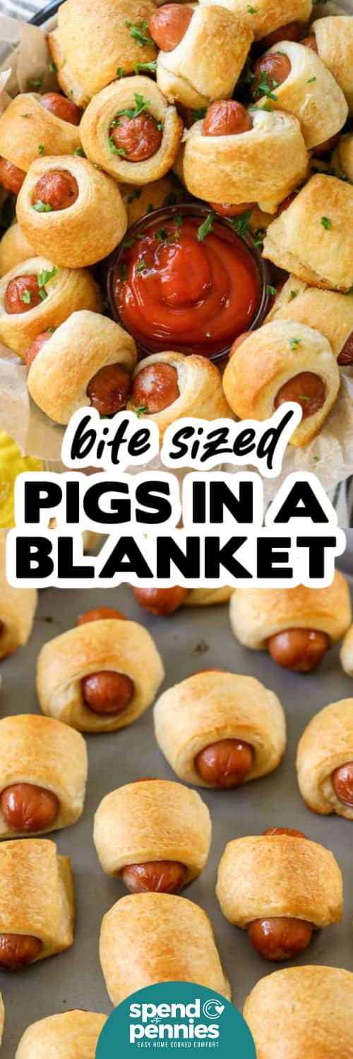 These pigs in a blanket use mini cocktail smokies and crescent dough to make a comforting, bite-sized appetizer. They bake in minutes and are perfect for sharing at potlucks, game nights, or family gatherings. The tender dough and savory sausage create a classic flavor combination that is both simple and satisfying. Enjoy them warm with your favorite dipping sauces for an easy crowd-pleaser. #spendwithpennies Pigs in a Blanket on a sheet pan and plated with a title