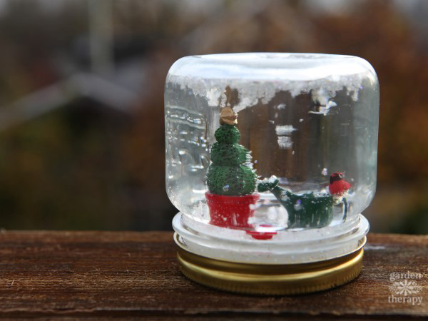 Make a mini garden snow globe.