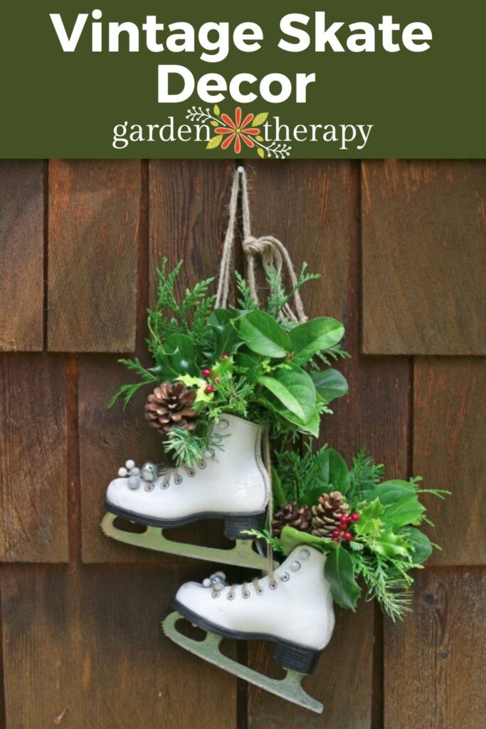Vintage figure skates stuffed with winter foliage, pinecones, and berries, hung decoratively on thick jute rope.