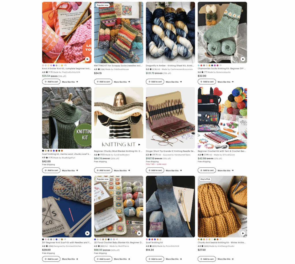 Here's an example from Etsy on knitting kits for sale. This kits typically include all of the supplies that a person needs, such as the yarn, the instructions, needles, and whatever else may be needed. People like to buy these because they can just buy the kit and they don't need anything else to do the whole project.