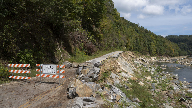 A road that was destroyed by Hurricane Helene is seen on September 17, 2025 in Burnsville, North Carolina.