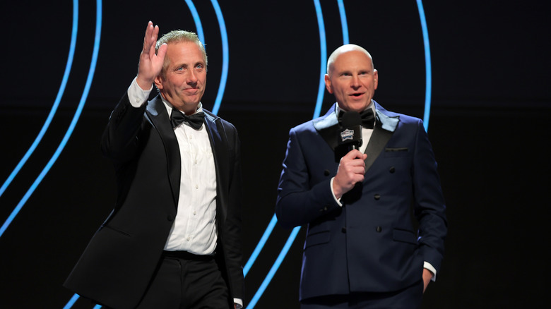 Retired NASCAR driver Greg Biffle waves after receiving an award during the NASCAR Awards and Champion Celebration at the Charlotte Convention Center on November 22, 2024 in Charlotte, North Carolina.