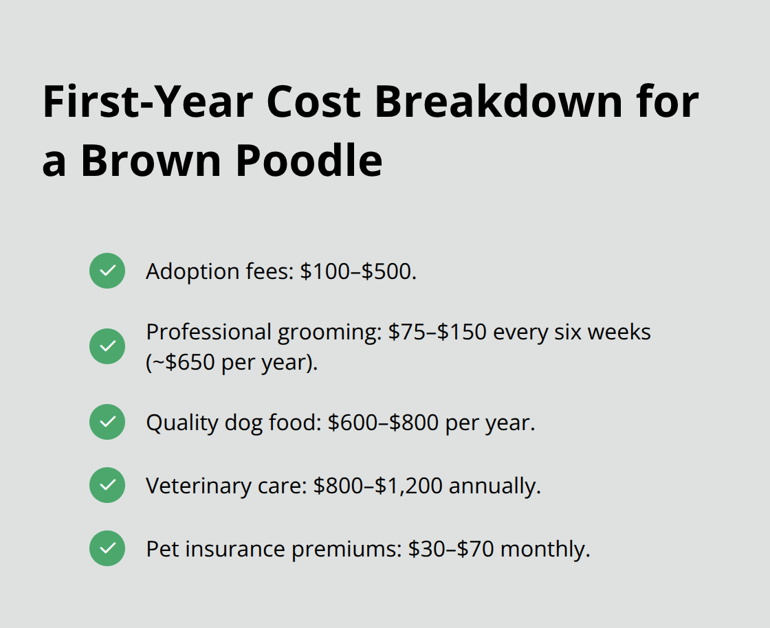 Checkmark list summarizing adoption, grooming, food, veterinary, and insurance costs for a brown poodle in the U.S.