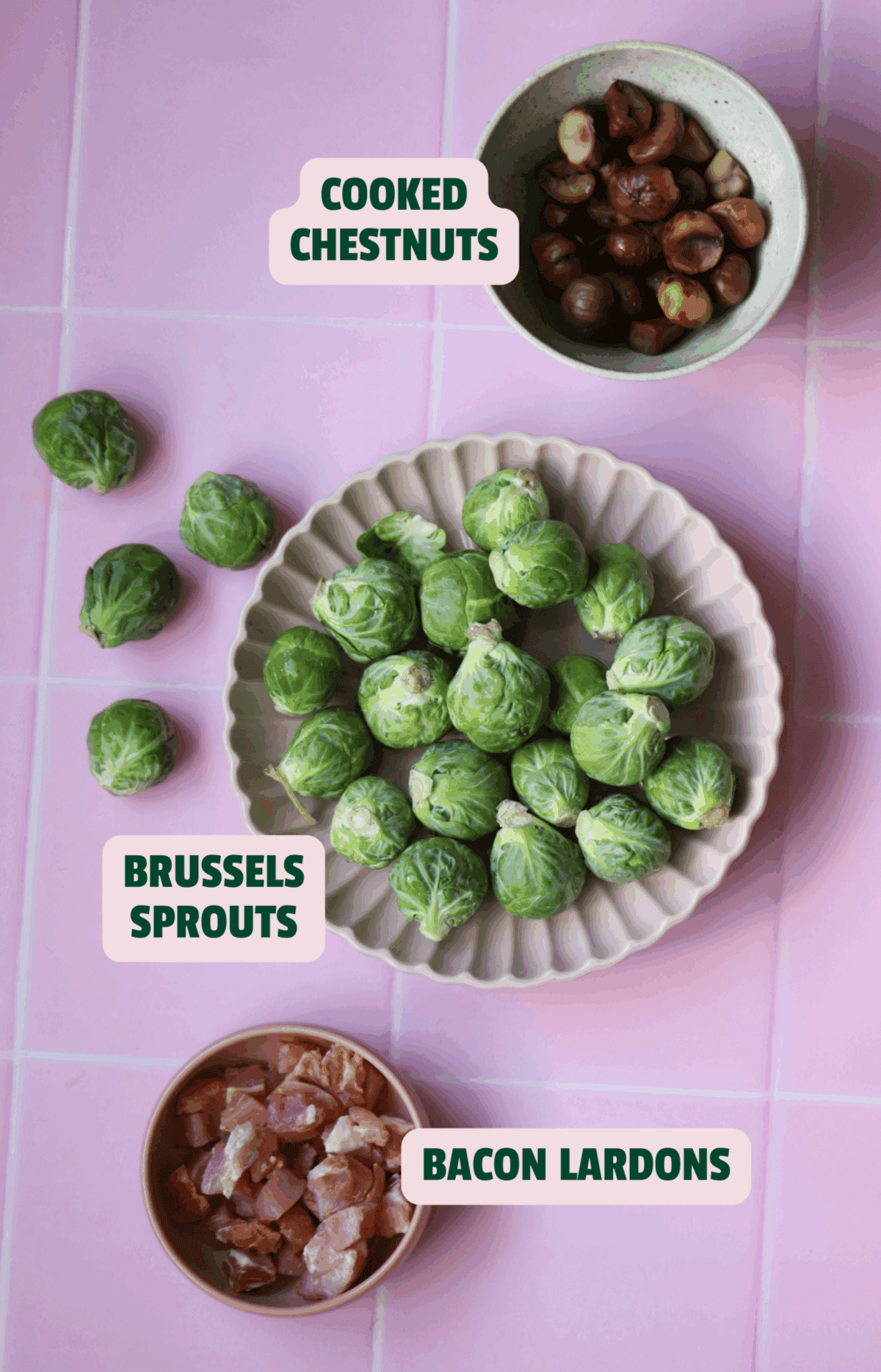 Ingredients for sprouts with chestnuts and bacon with text labels.