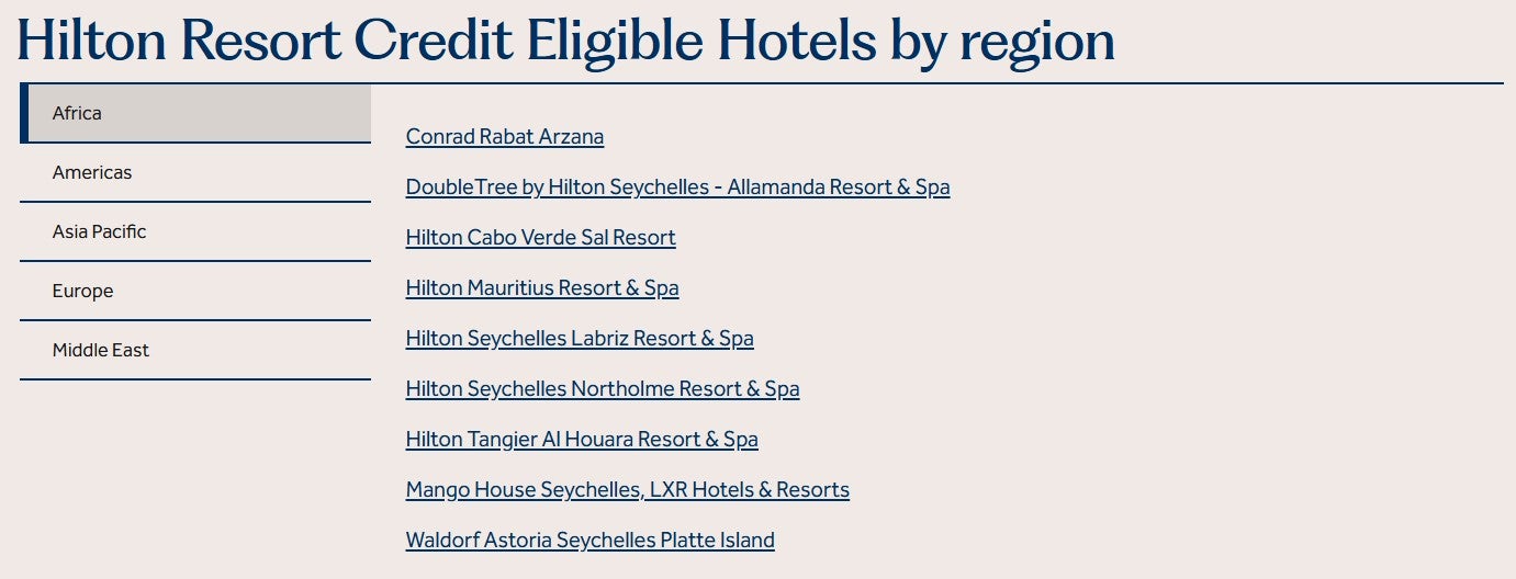 Eligible Hilton resorts by region