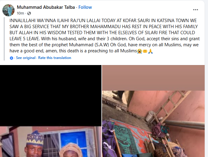 Couple and their 3 children perish in Katsina fire incident