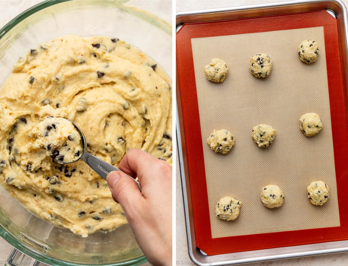 hand measuring cookie dough and dough shown on lined baking sheet.
