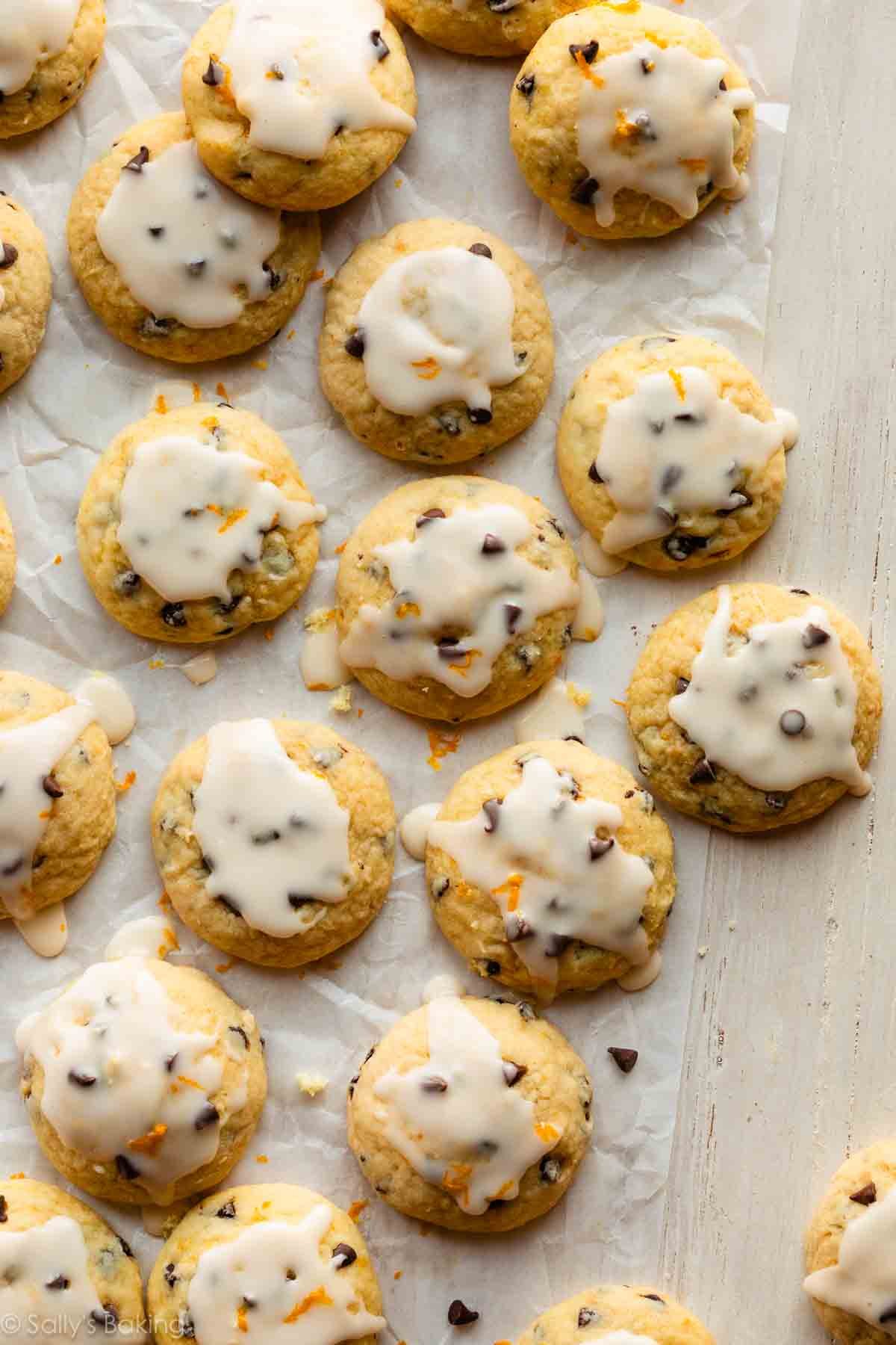 orange chocolate chip ricotta cookies with glaze.