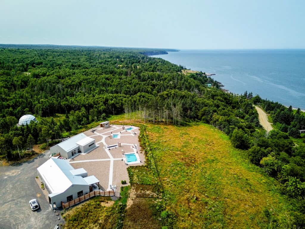 drone photo of salt air spa overlooking bay of fundy