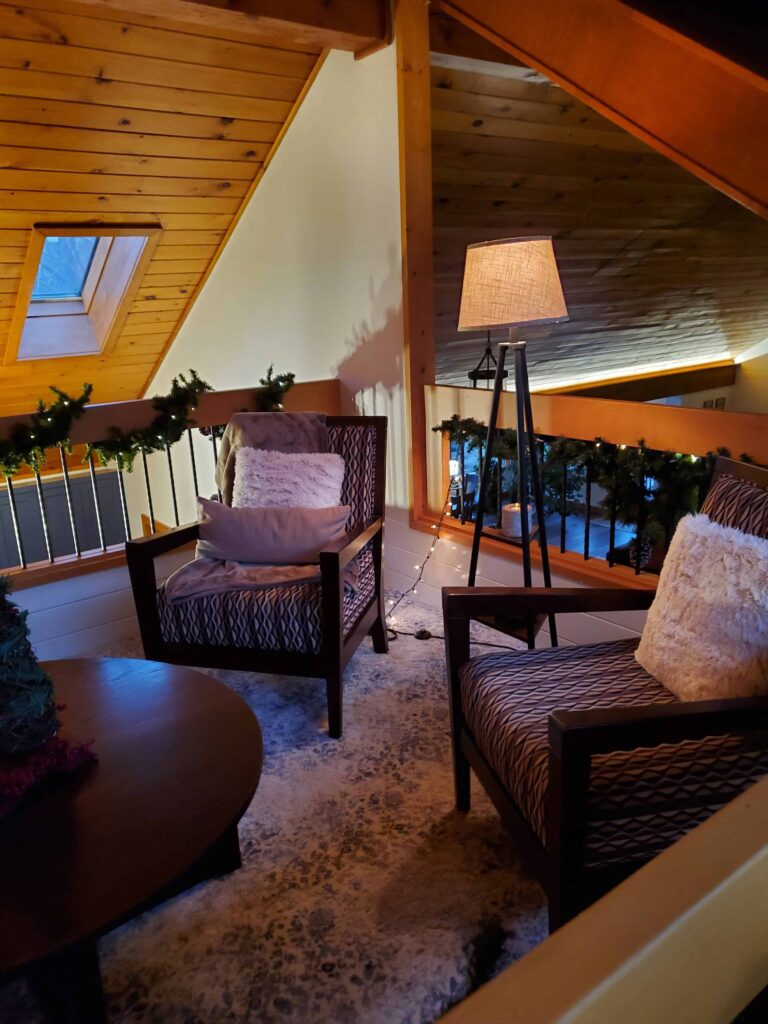 Lounge in the library which over-looks the kitchen and the common area 
