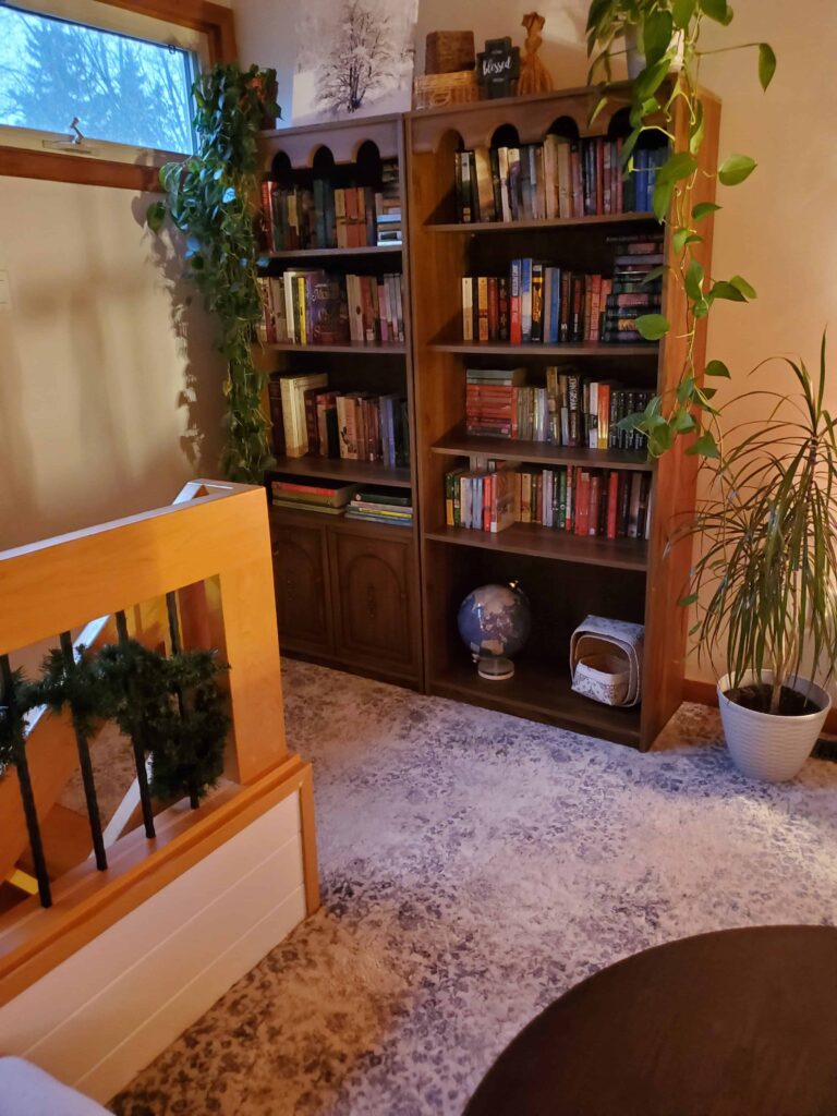 The Blue Bruce BnB has many books on a bookshelf filled with plants for guests to enjoy