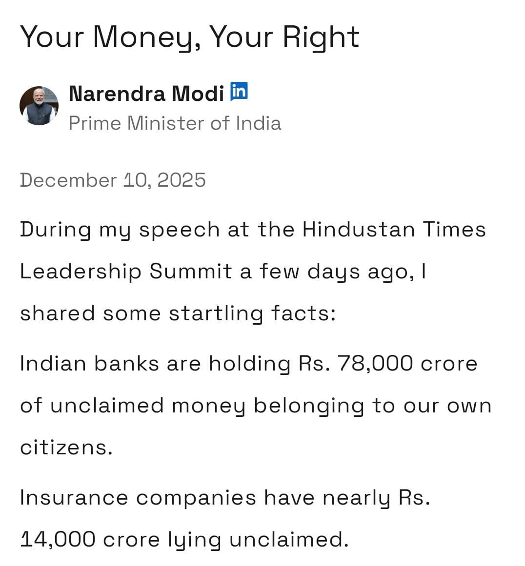 प्रधानमंत्री मोदी का लिंक्डिन पोस्ट, जिसमें उन्होंने 'योर मनी, योर राइट' योजना के बारे में जानकारी दी।