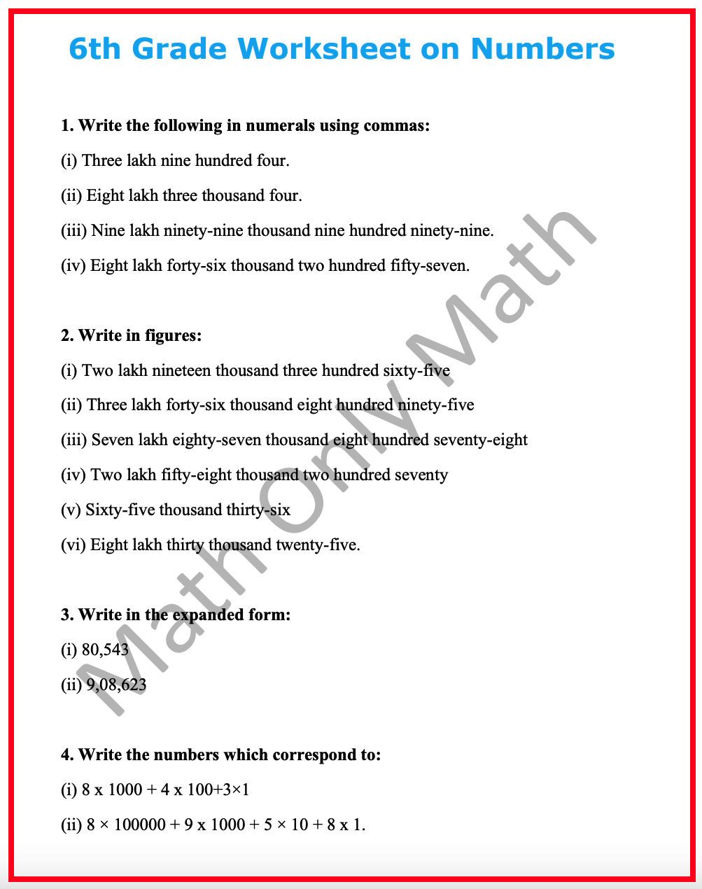 6th Grade Numbers Worksheet