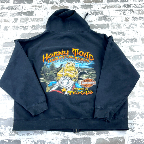 Vintage Harley Davidson Hoodie Men XL Black Sweatshirt Y2K Horny Toad Y2K Faded