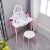 Wooden Kids Vanity Table Set, Pink Girls Dressing Table with Stool+Mirror+Drawer