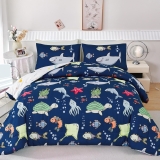 Kids Bedding Set for Queen Bed Reversible Ocean Animals Print, Navy Ocean,Queen